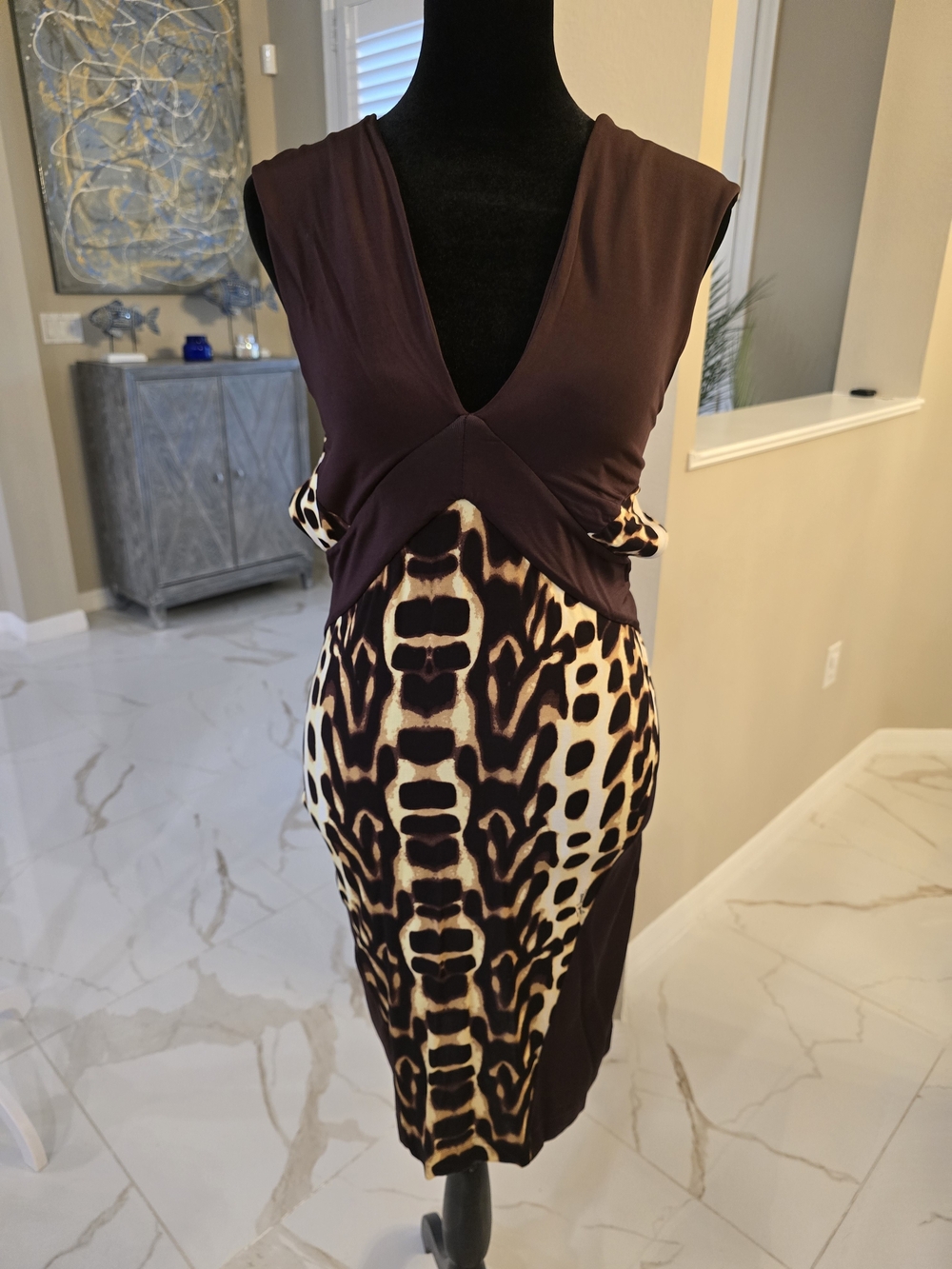 Sleeveless Brown & Animal-Print Midi Dress